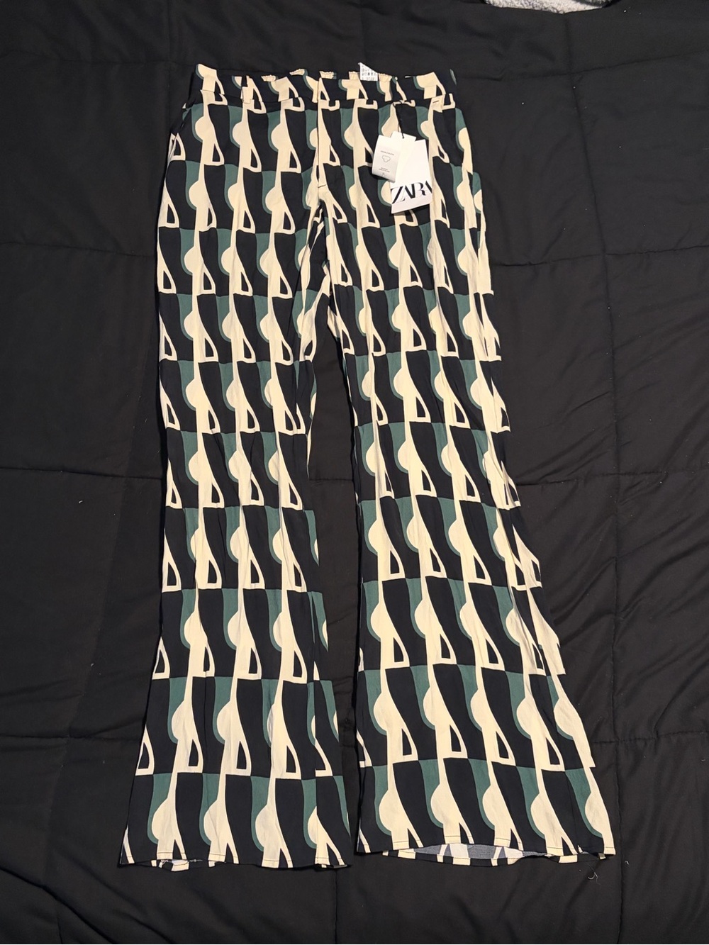 Zara Cream and Dark Green Geometric Wide-Leg Pants